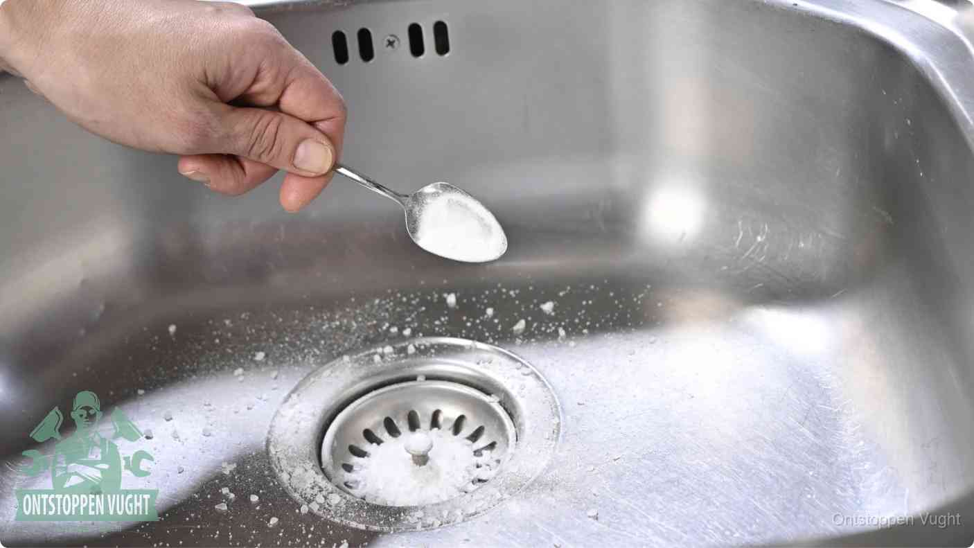 Een hand strooit met een lepel soda in de afvoer van een roestvrijstalen spoelbak, de soda en azijn huismiddel-methode om de afvoer te ontstoppen in Vught