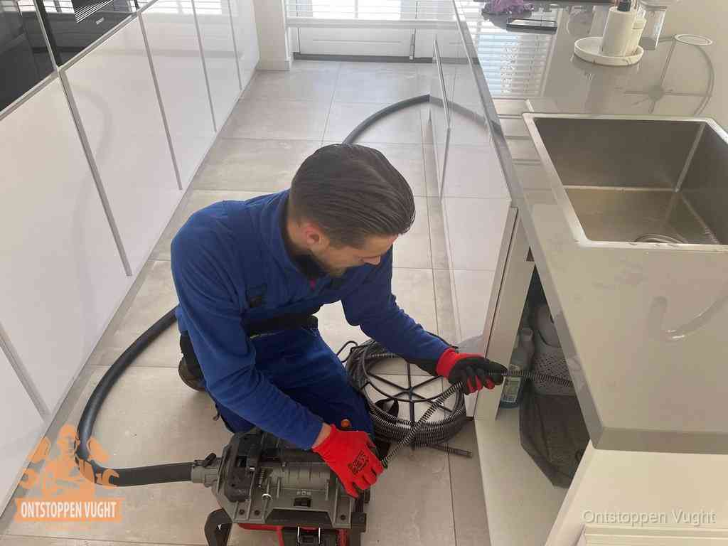 Een monteur ontstopt de keukenafvoer onder de spoelbak met een elektrische veermachine in Vught