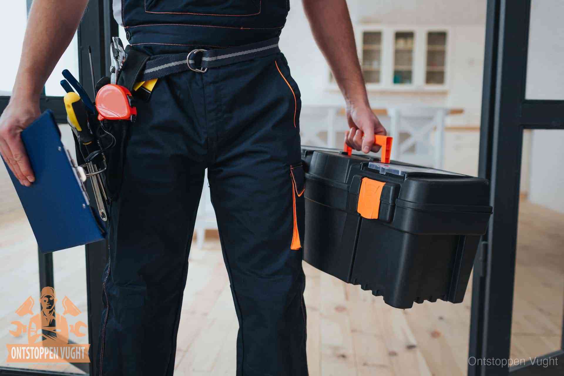 Een monteur met gereedschapsriem en klembord in een keuken, klaar om een transparante prijs voor het gootsteen ontstoppen in Vught te geven
