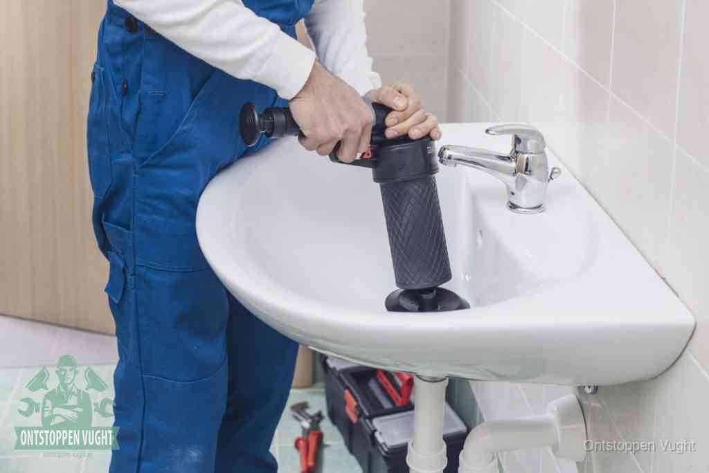 Een te ruwe doe-het-zelf poging met een hand-pomp op de afvoer van een badkamer-wastafel, een van de veelgemaakte fouten bij afvoer ontstoppen in Vught