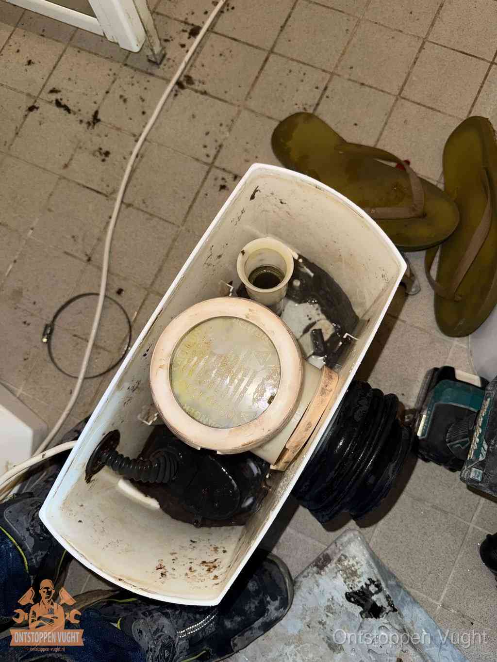 Een gedemonteerde toiletpot op de vloer met ontstoppingsveer en gereedschap ernaast, het verwijderen van een vastzittend voorwerp uit de wc in Vught