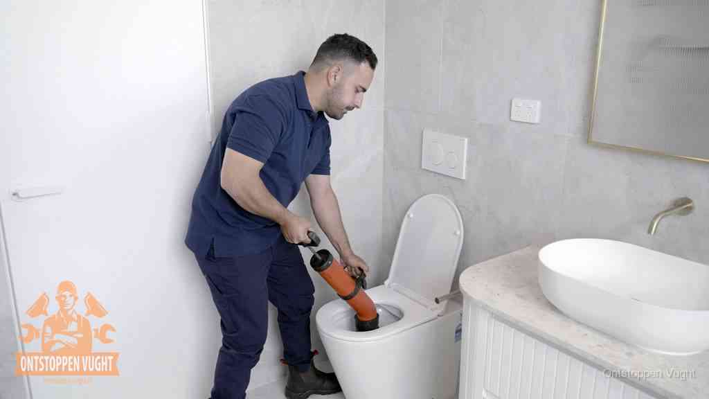 Een monteur gebruikt een handmatige perspomp (toiletontstopper) op een wandcloset tijdens het professioneel wc ontstoppen in Vught