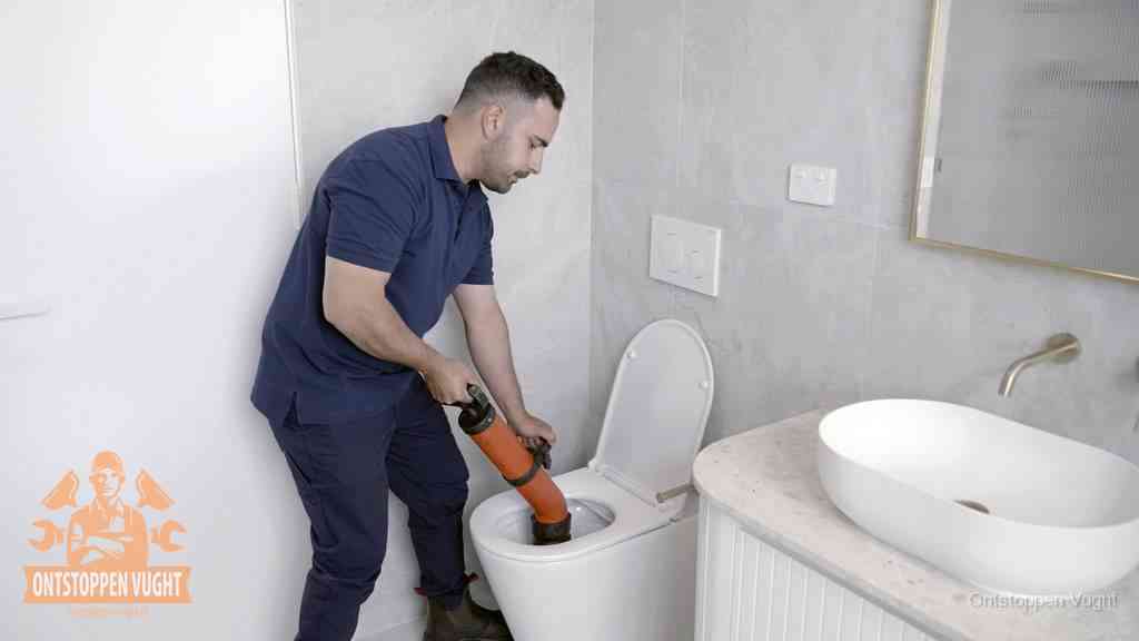 Een man gebruikt een handmatige luchtdruk-ontstopper in een modern betegeld toilet om zelf de wc te ontstoppen in Vught
